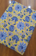 Yellow Blue Floral Cotton Fabric, Hand Block Print Indian Fabric, Soft Lightweight Cotton Cloth for Dressmaking, Quilting, Sewing Crafts