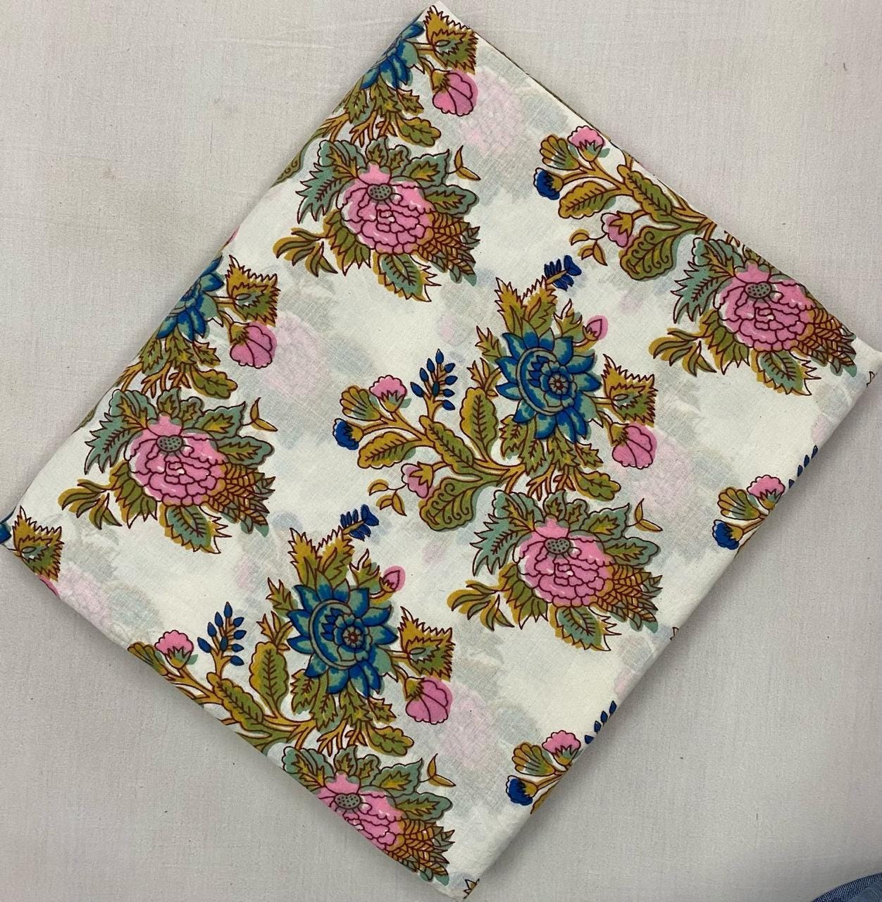 Hand Block Printed Cotton Fabric, Vintage Floral Cotton Fabric by Yard, Multicolor Indian Textile, Blue Pink Flower Soft Lightweight Fabric
