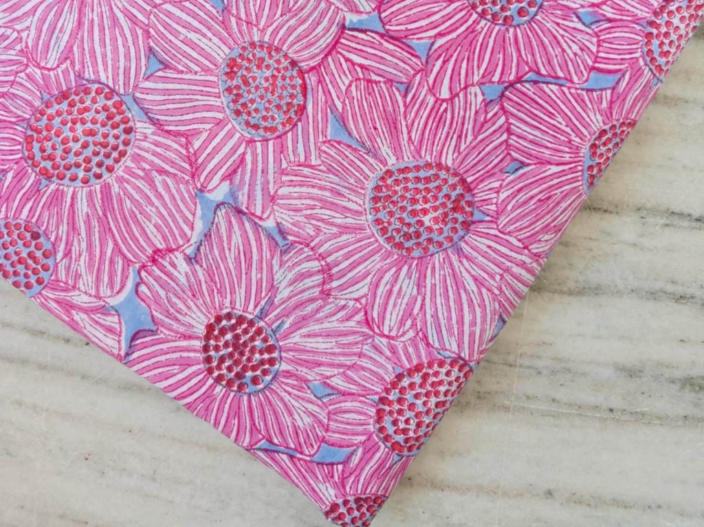 Pink Floral Cotton Fabric, Red Orange Hand Block Print by the Yard, Indian Soft Cotton for Quilting, Dressmaking, Sewing & Crafts, Gifts