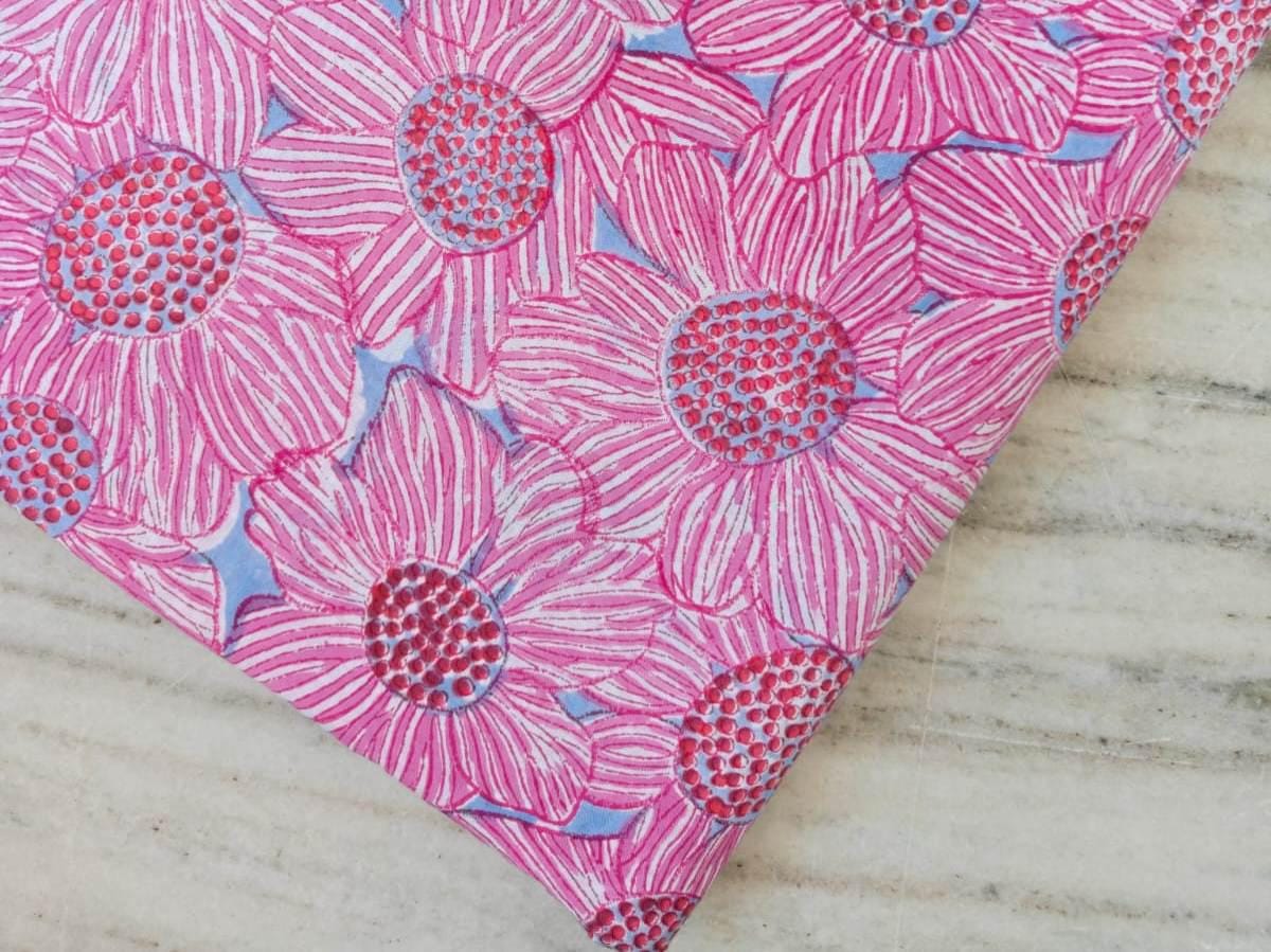 Pink Floral Cotton Fabric, Red Orange Hand Block Print by the Yard, Indian Soft Cotton for Quilting, Dressmaking, Sewing & Crafts, Gifts