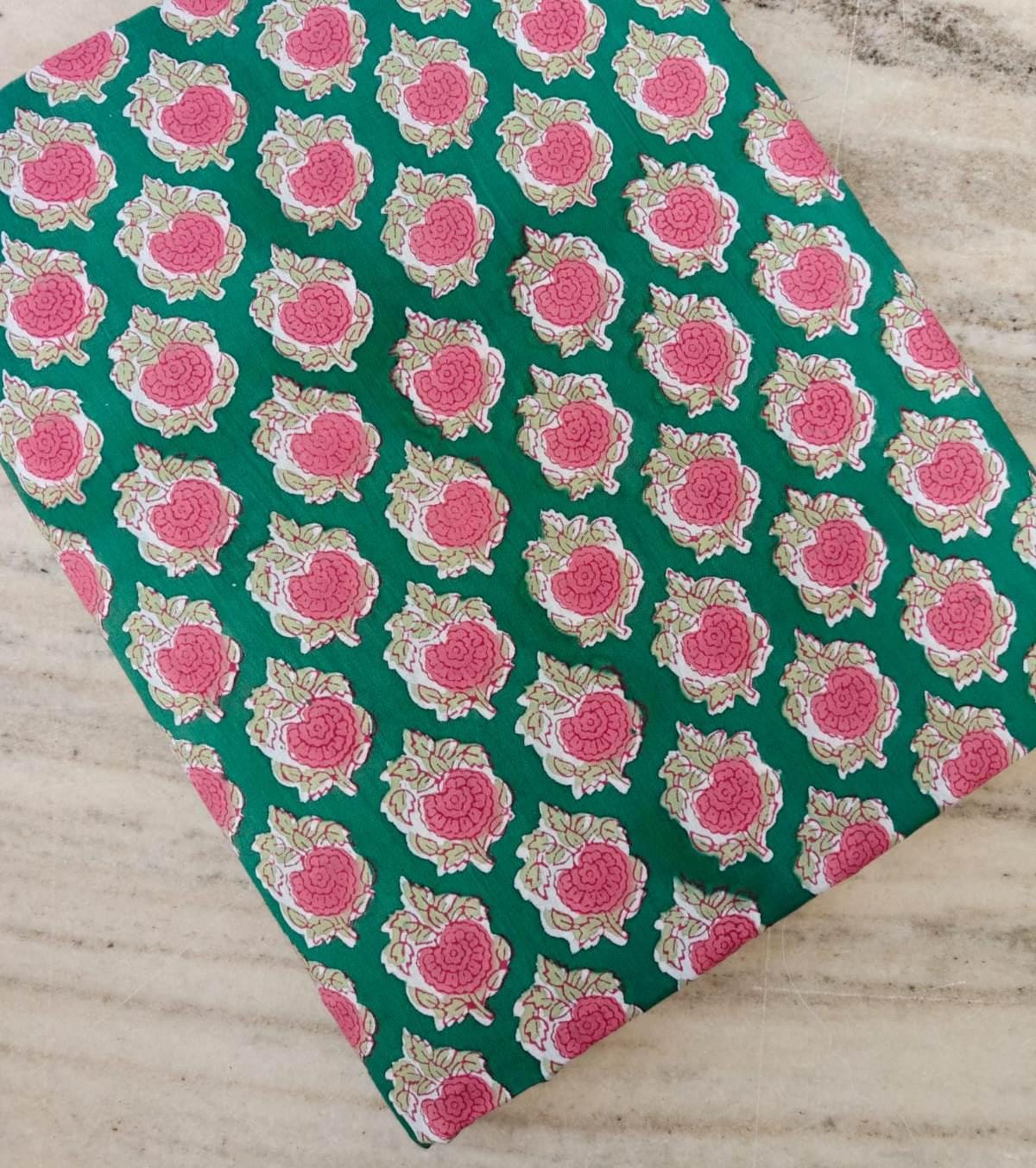 Green and Pink Rose Indian Hand Block Print Fabric 100% Cotton Quilting Fabric By The Yard, Dressmaking Fabric, Napkins Fabric, Loose Fabric