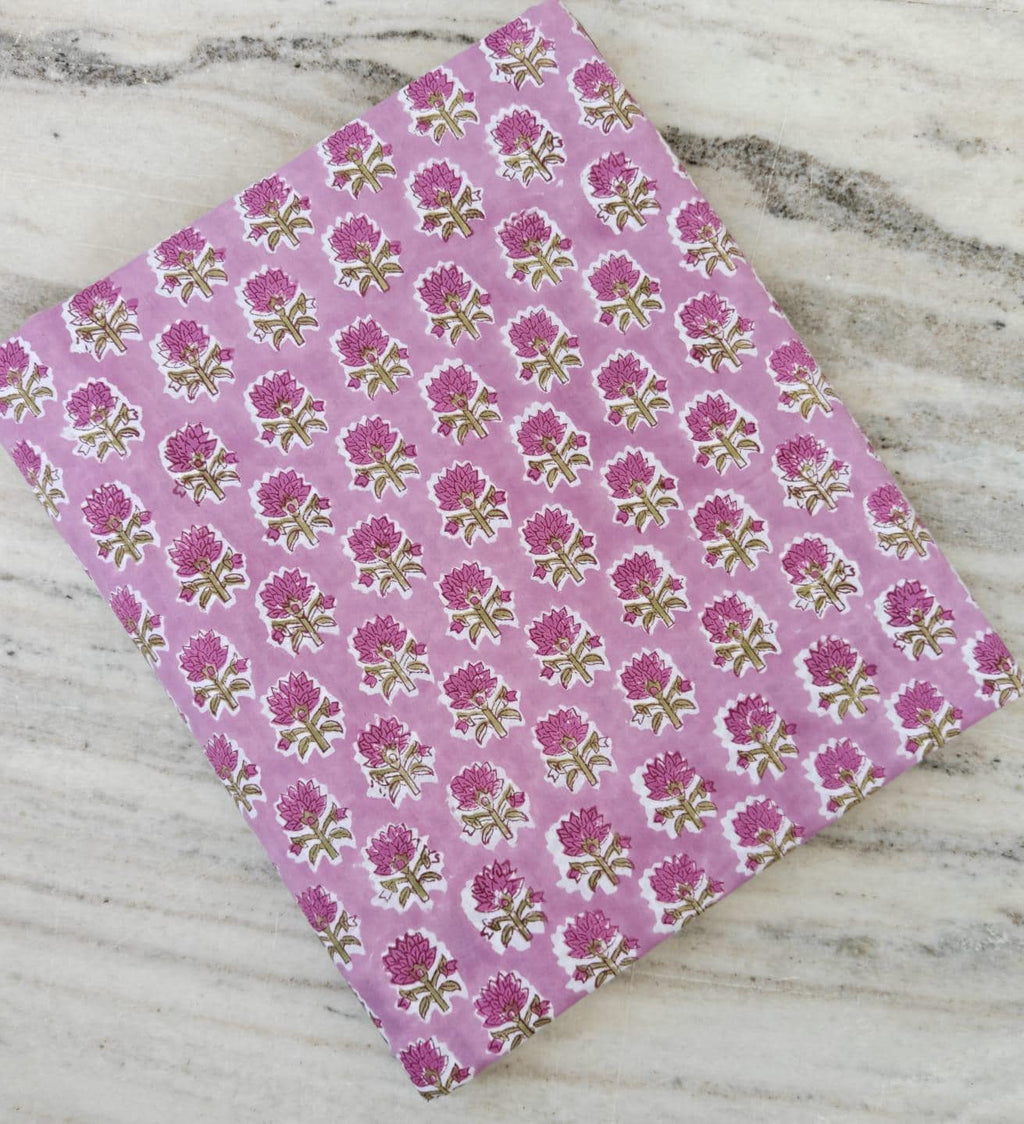 Pink Green Floral Cotton Fabric, Hand Block Print by the Yard, Indian Soft Cotton for Quilting, Dressmaking, Napkins Fabric, Christmas Decor