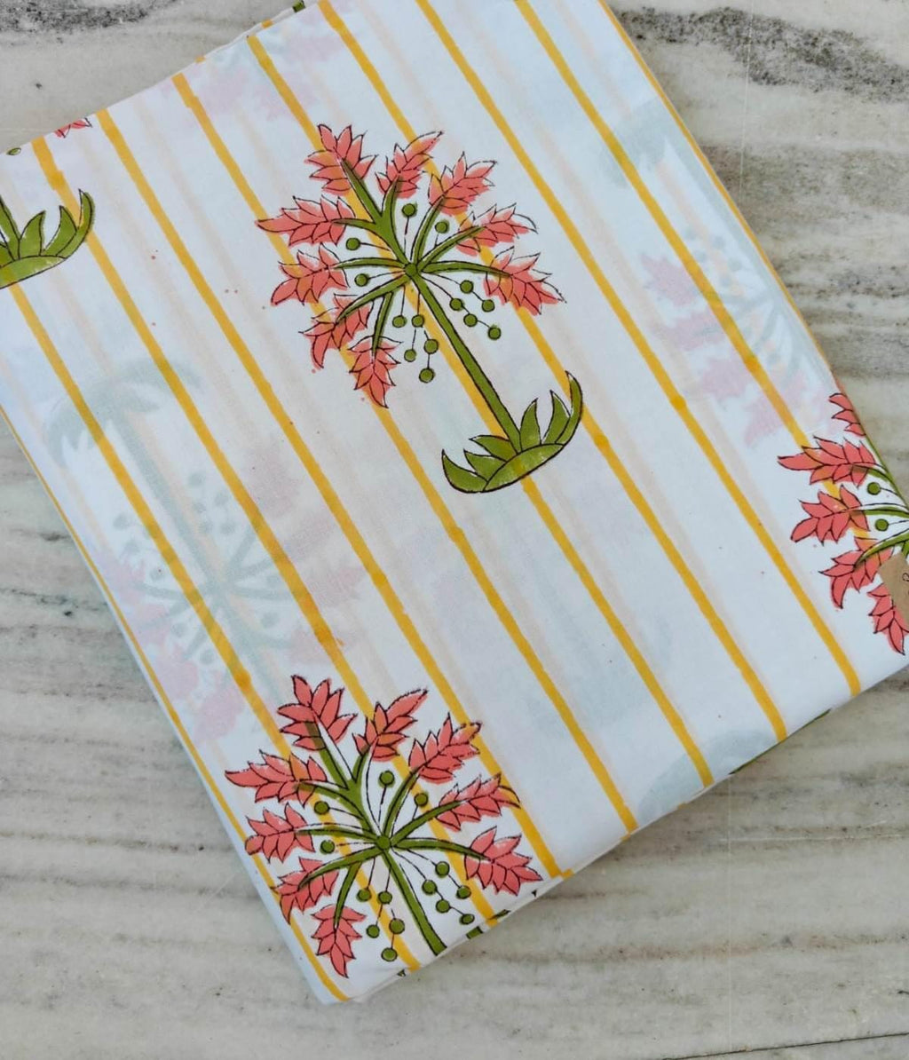 Striped Floral Cotton Fabric, Indian Block Print Cotton Fabric, Pink Flower Yellow Stripe Fabric by Yard, Boho Sewing Quilting Dressmaking