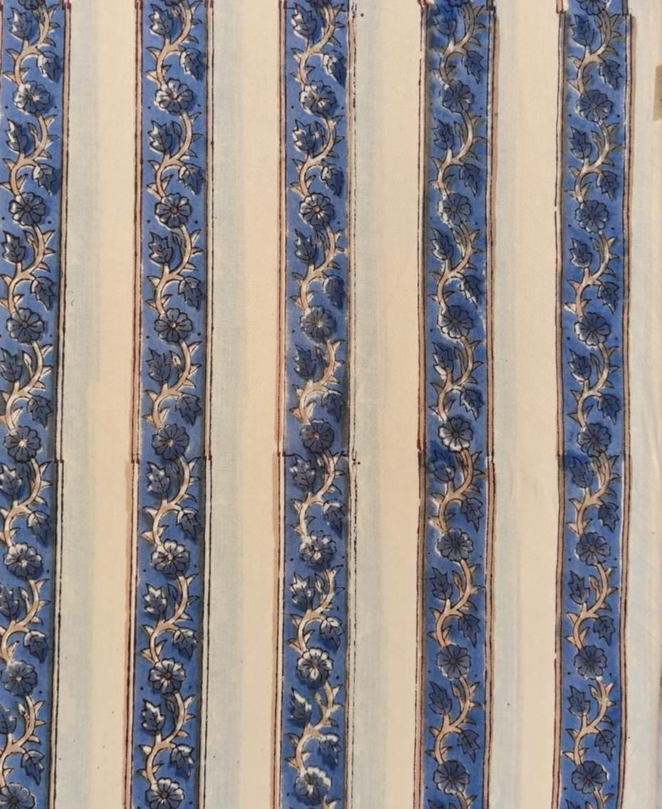 Indigo Blue Floral Stripe Block Print Cotton Fabric | Indian Handmade Cotton Textile | Quilting Craft Dress Fabric by Yard, Curtains Fabric