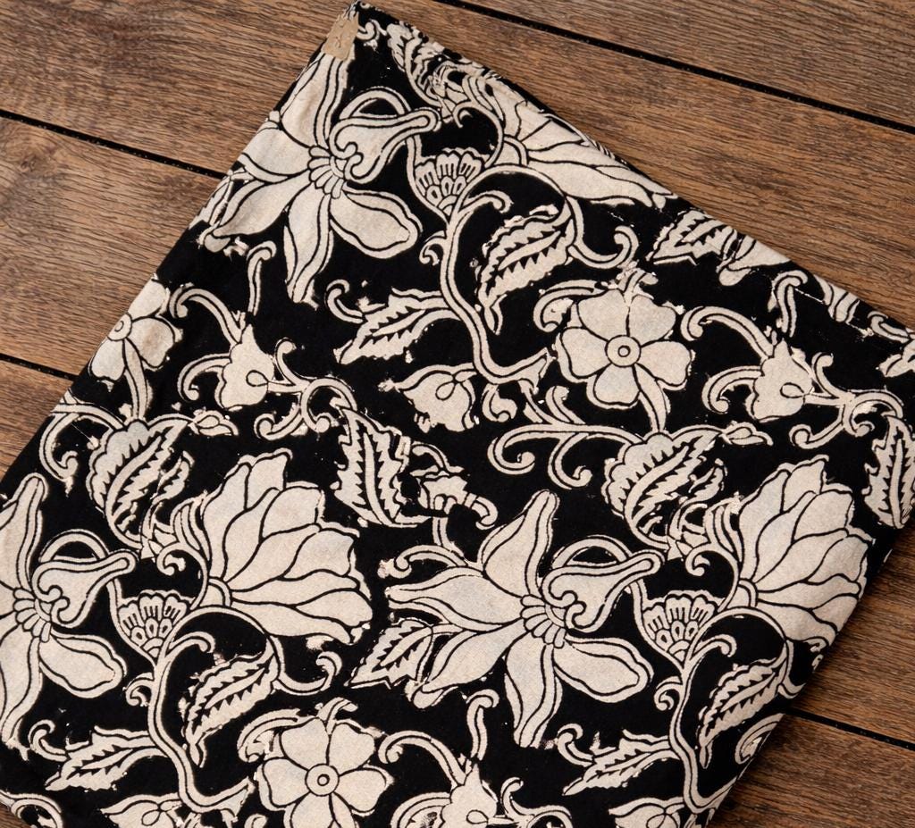 Black White Floral Cotton Fabric | Hand Block Print Fabric | Indian Botanical Cotton | Sewing Quilting Craft Fabric | Home Decor Textile