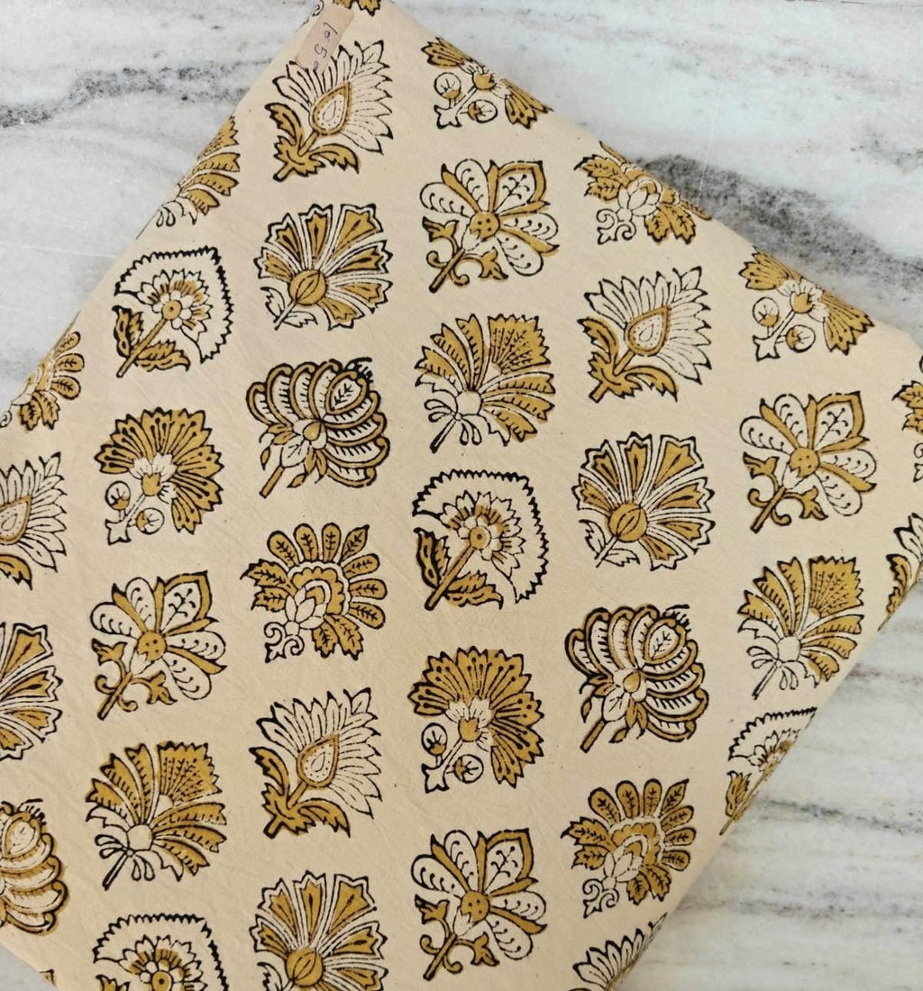 Mustard Floral Cotton Fabric by the Yard, Cream Block Print Style Fabric, Boho Indian Handblock Inspired, Fabric For Dress Making, Napkins
