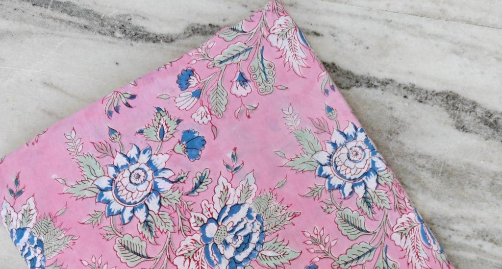 Pink Blue Designer Hand Block Print Fabric, Floral 100% Cotton Quilting Fabric By The Yard, Fabric For Dress Making, Loose Running Fabric