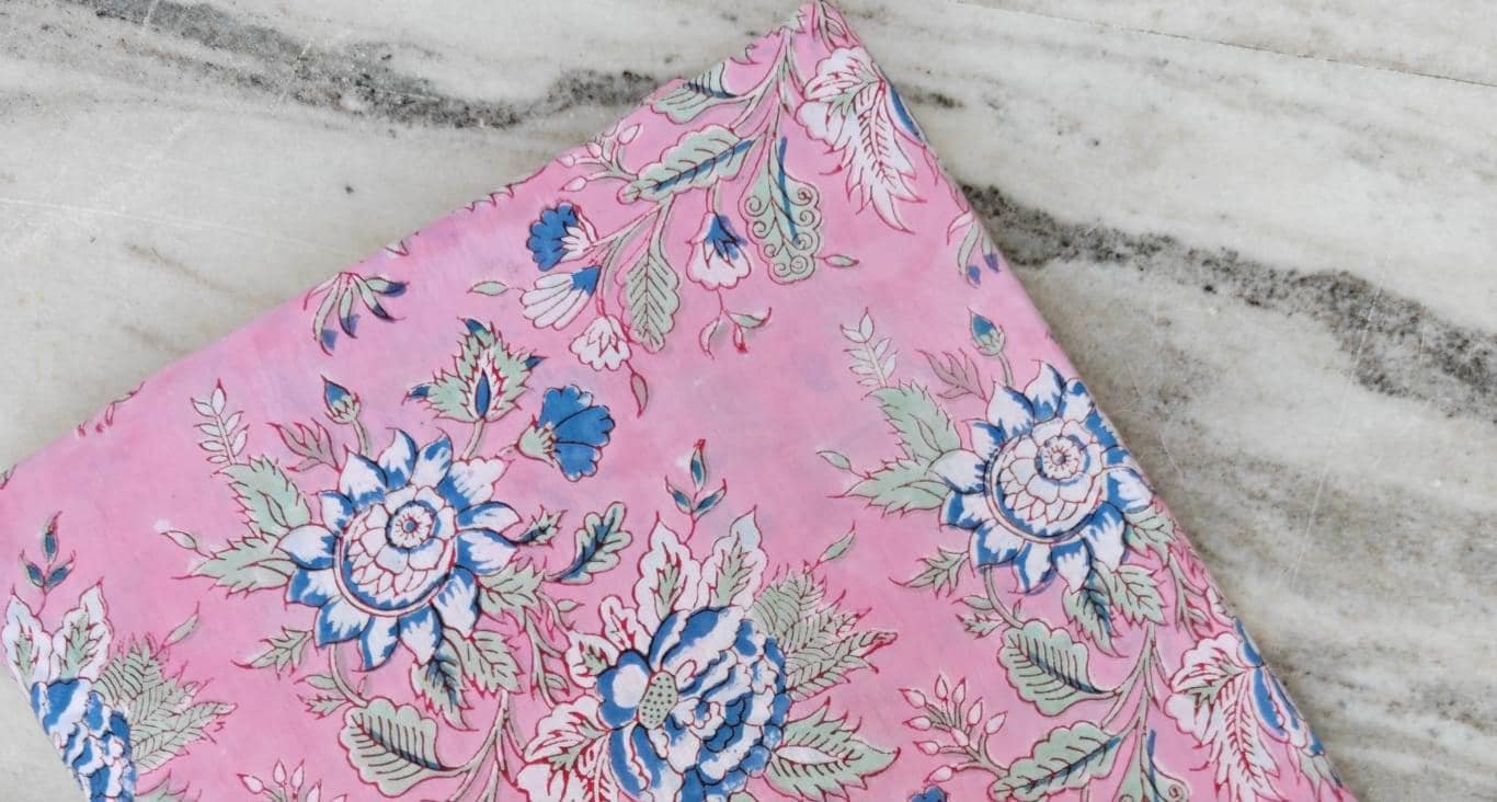 Pink Blue Designer Hand Block Print Fabric, Floral 100% Cotton Quilting Fabric By The Yard, Fabric For Dress Making, Loose Running Fabric