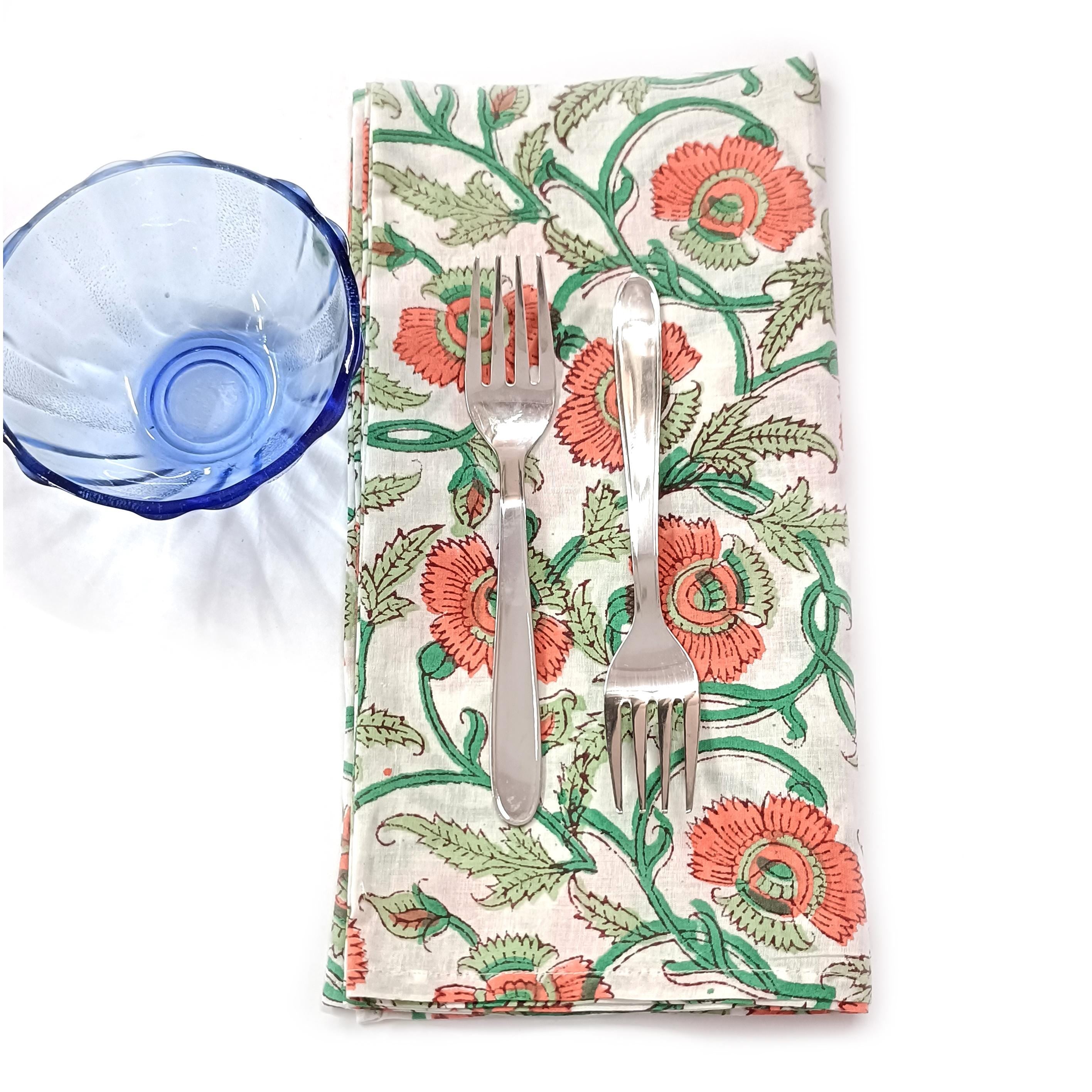 Hand Block Printed Cotton Napkins: Indian Floral Dinner Napkins, 18x18 Inches