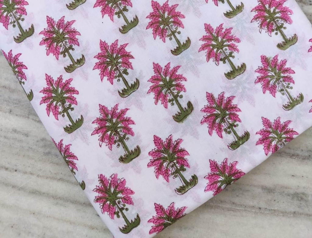 Pink Palm Tree Cotton Fabric: Tropical Block Print for Sewing & Quilting