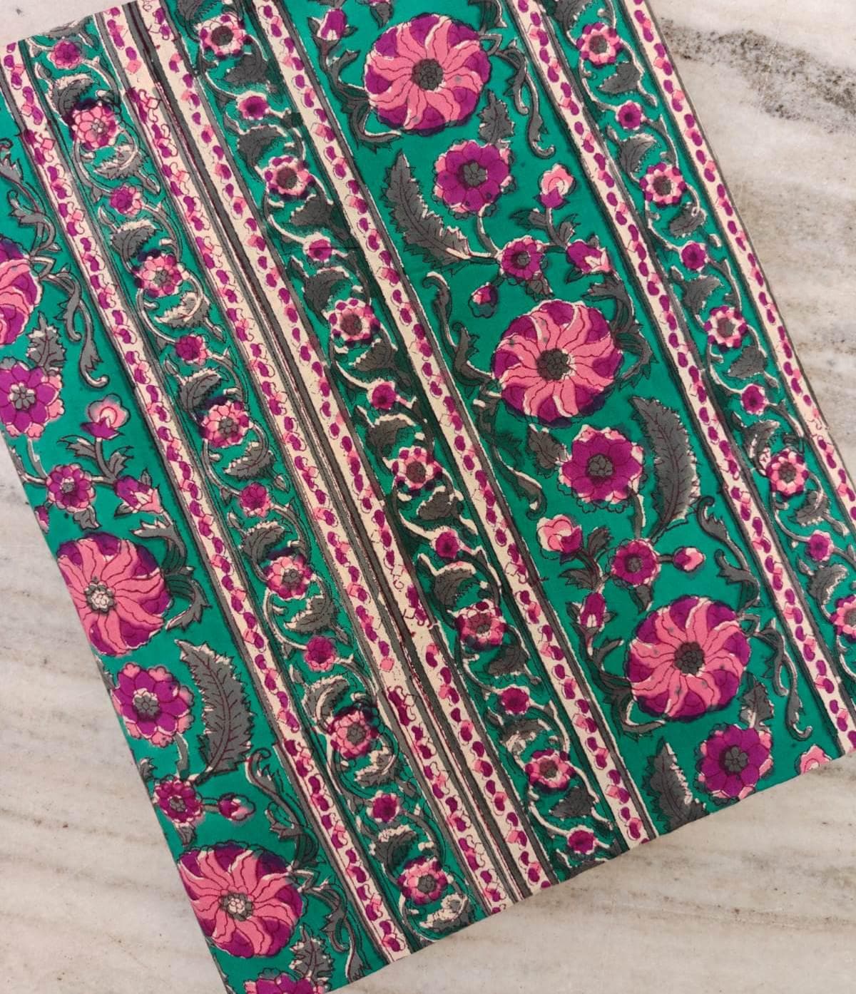 Green Floral Block Print Cotton Fabric, Pink Flower Indian Fabric, Hand Block Printed Stripe Textile, Boho Sewing Craft Dressmaking Fabric