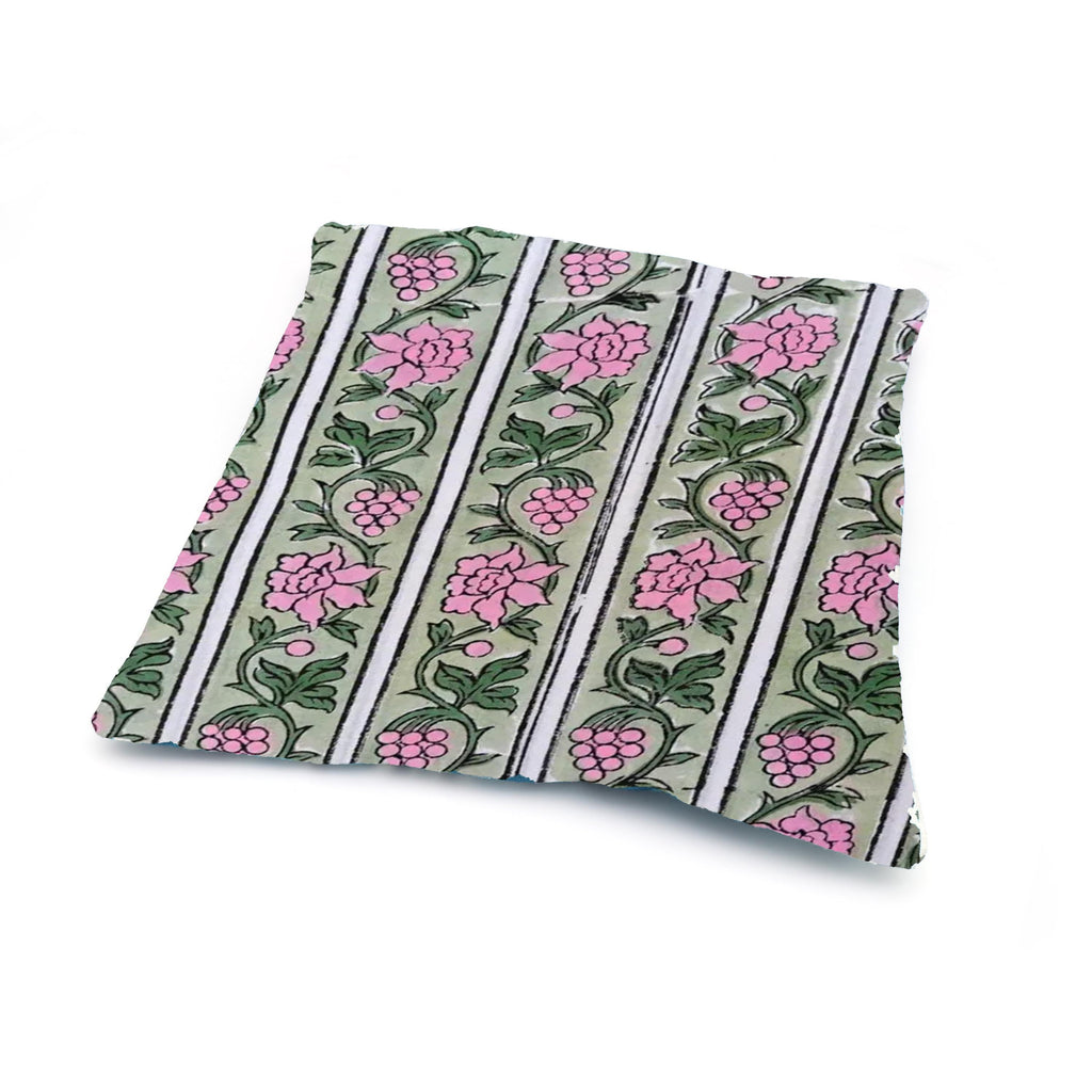 Hand Block Printed Cotton Cushion Cover, Green & Pink Floral Stripe Pillow Cover, Indian Cotton Decor, Boho Throw Pillow Covers Gift For Her