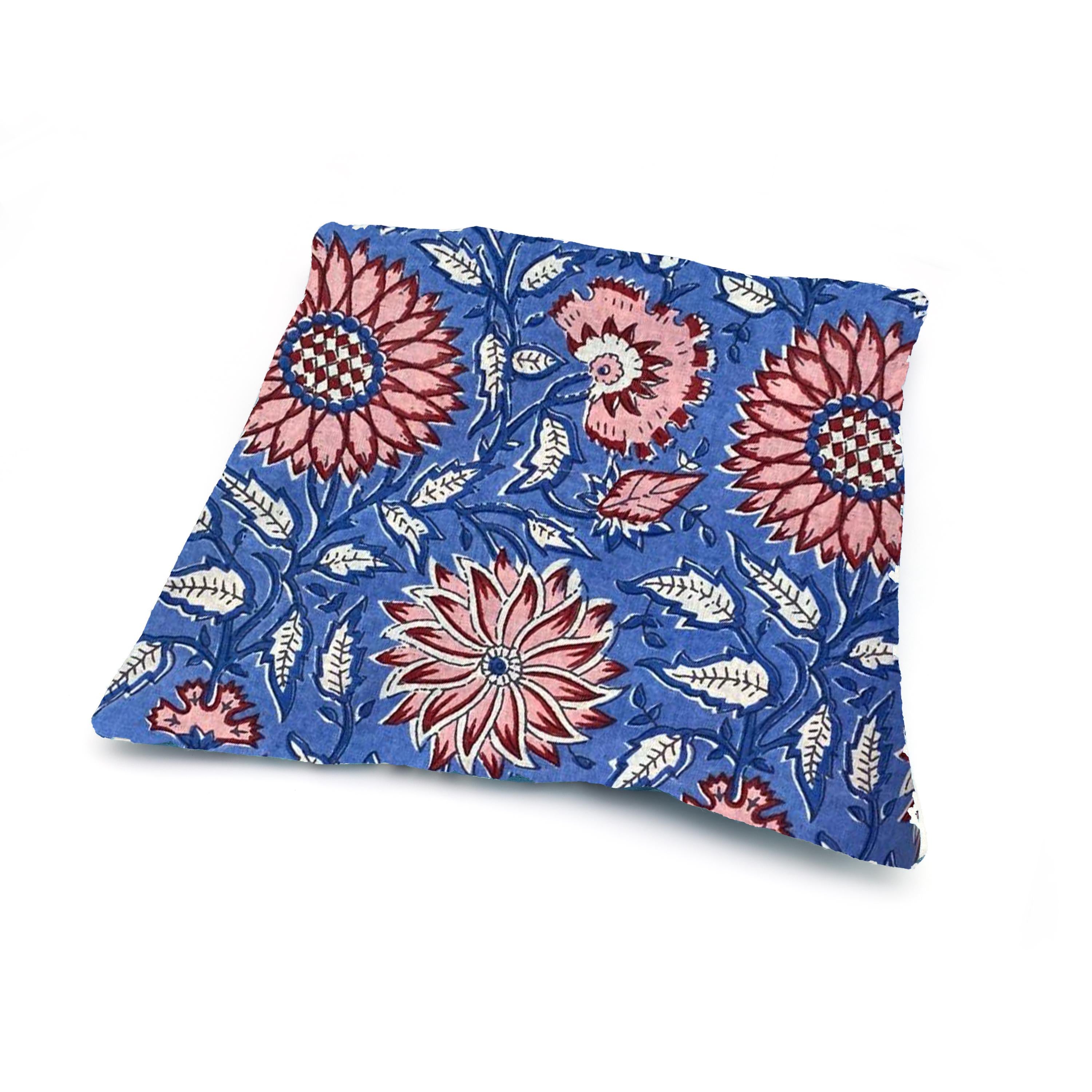 Blue Floral Cushion Cover, Indian Block Print Pillow Cover, Red Pink Flower Throw Pillow, Boho Cottagecore Home Decor, Vintage Cushion Cover