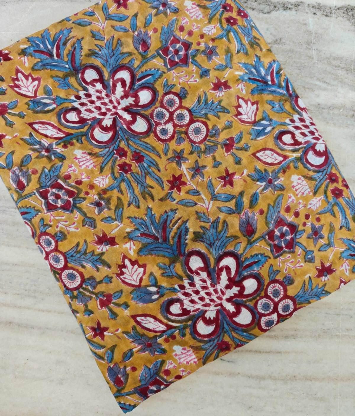 Mustard Floral Cotton Fabric by the Yard, Indian Block Print Fabric, Teal and Maroon Flower Print, Boho Craft Sewing, Loose Running Fabric
