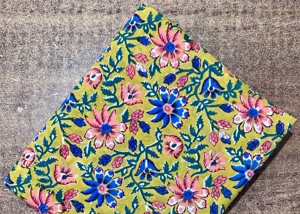 Green Floral Cotton Fabric | Hand Block Print Indian Fabric | Soft Printed Cotton for Dress, Quilting, Sewing & Craft
