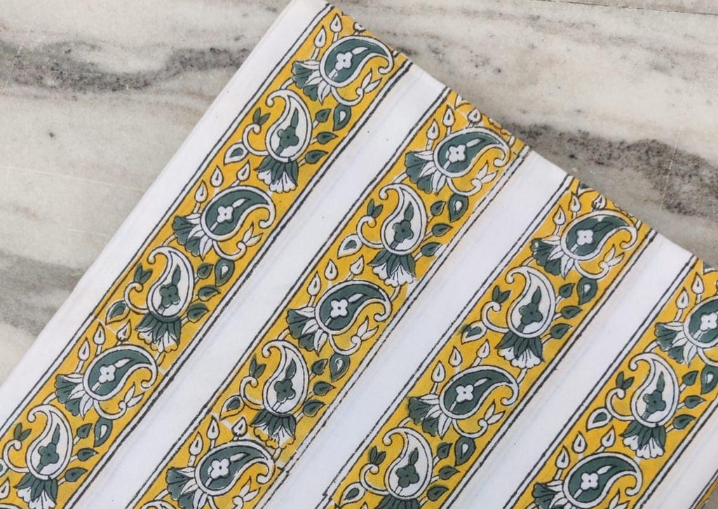 White Cotton Fabric with Yellow Green Paisley Stripes, Indian Hand Block Print Fabric by the Yard, Soft Cotton Fabric, Dressmaking & Crafts
