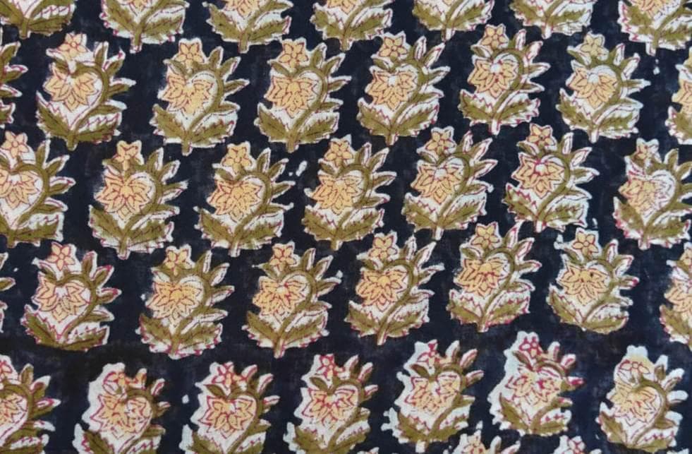 Hand Block Print Cotton Fabric, Navy Blue Floral Fabric, Indian Cotton Textile, Handmade Printed Fabric, Dressmaking Quilting Craft Fabric