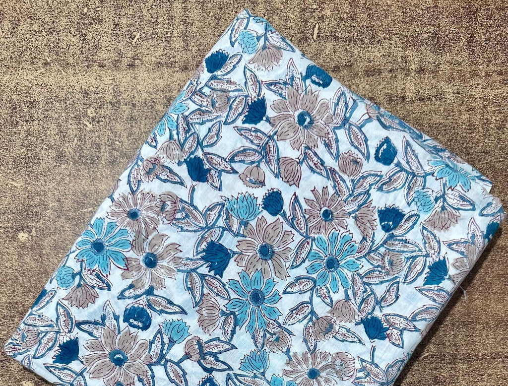 Indian Hand Block Print Cotton Fabric by the Yard, Floral Jaipuri Print for Dressmaking, Boho Soft Cotton Quilting Fabric, Indian Textile