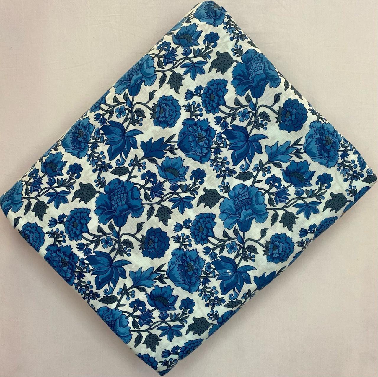 Blue Floral Cotton Hand Block Print Fabric, Floral 100% Cotton Quilting Fabric By The Yard, Loose Running Fabric, Textile Fabric, Gifts