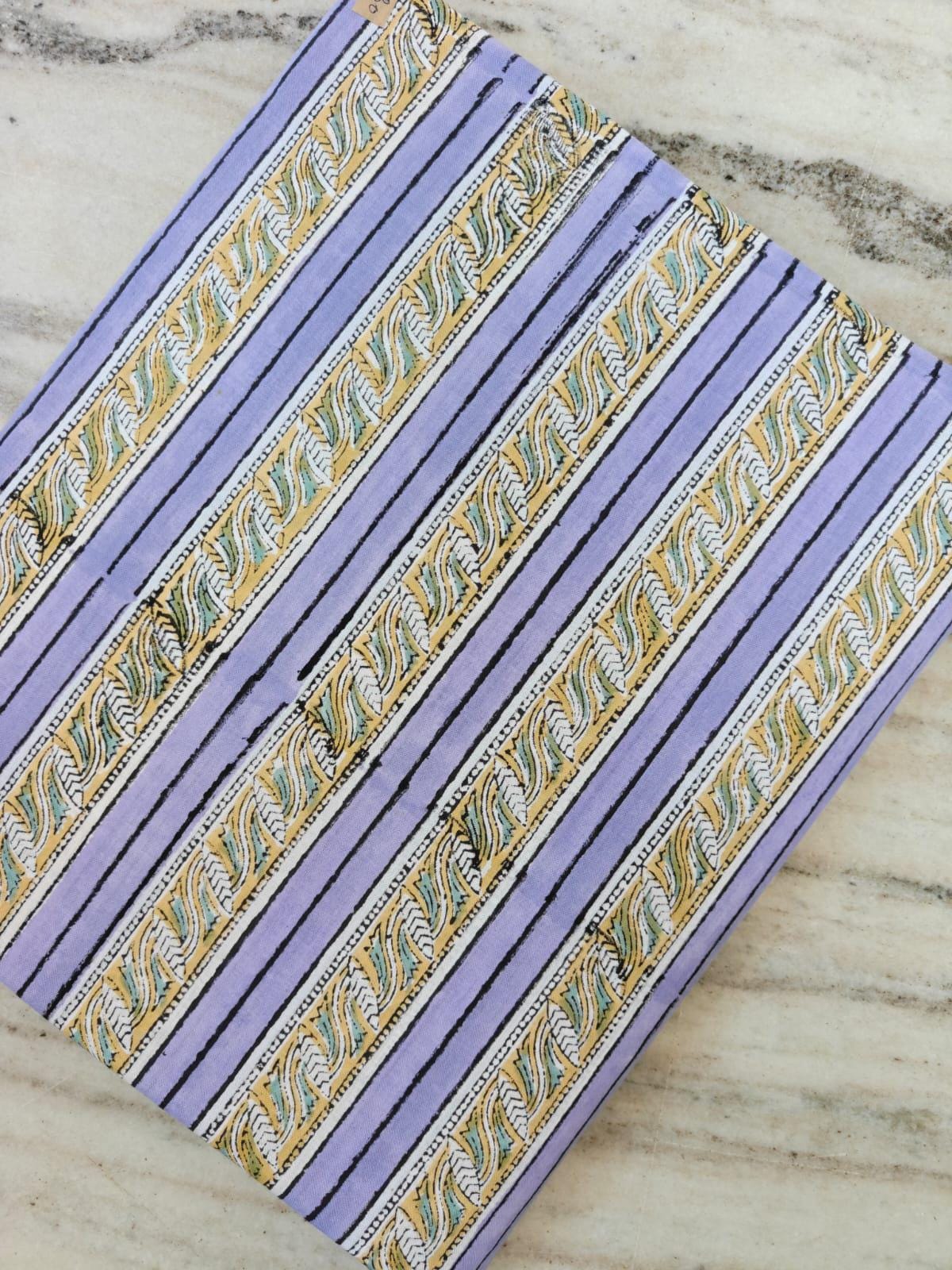Lavender Striped Cotton Fabric, Hand Block Print Indian Fabric, Yellow Blue Stripe Textile, Soft Cotton Yardage, Dressmaking Craft Fabric