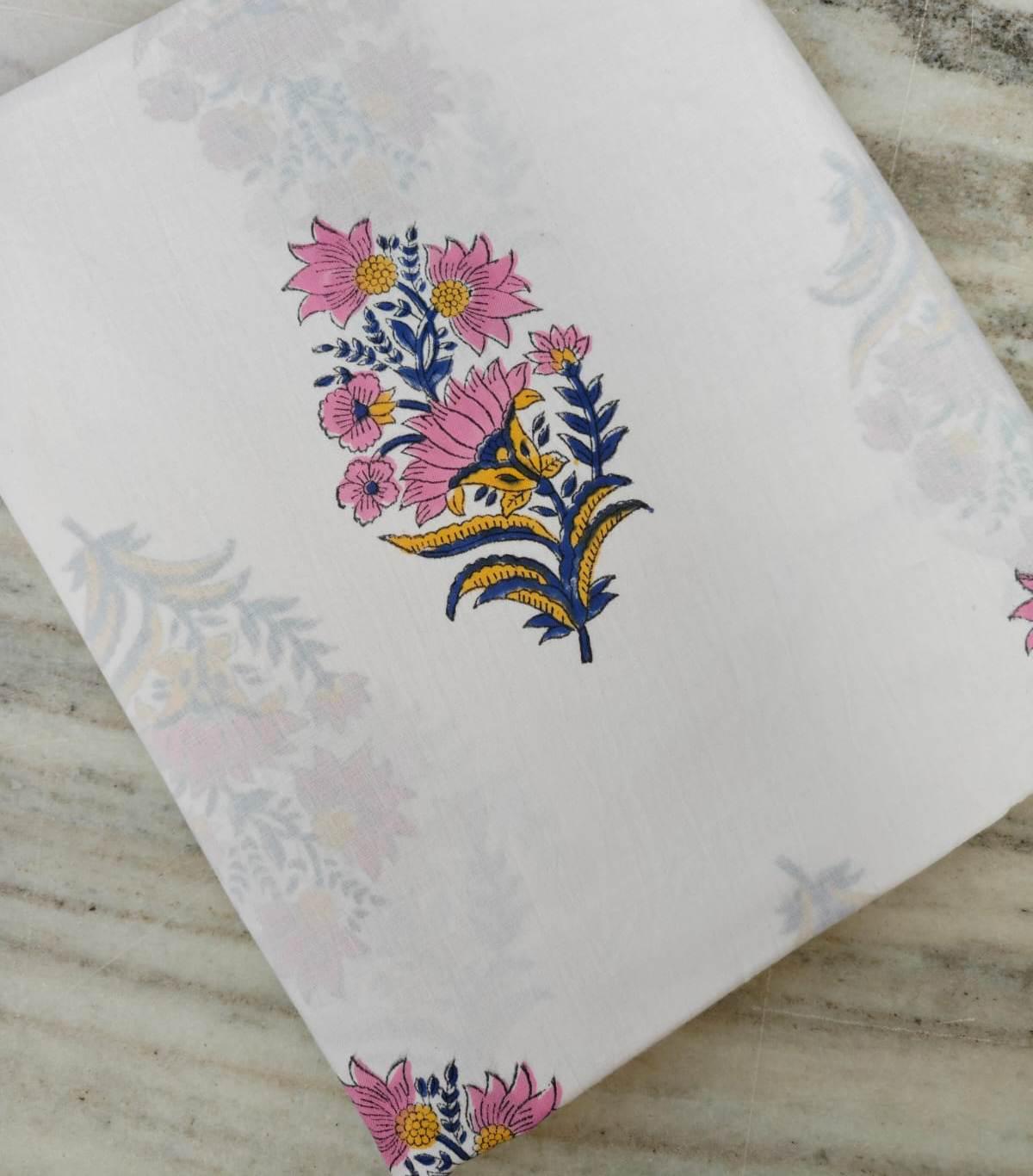 Pink Blue Floral Cotton Fabric by the Yard, White Botanical Print Fabric, Indian Block Print Style Fabric for Quilting & Dressmaking, Napkin