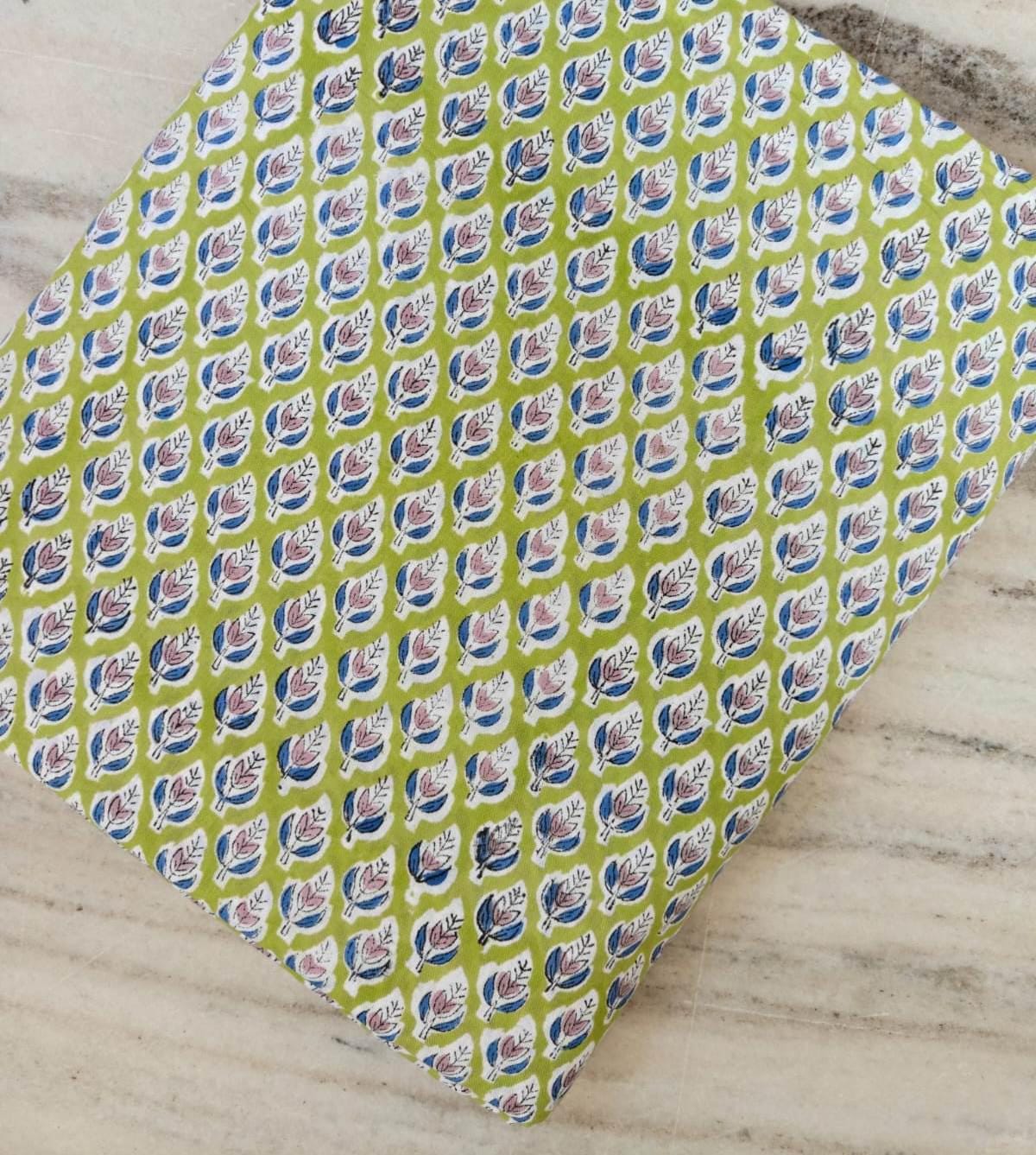 Lime Green Floral Block Print Cotton Fabric, Small Blue & Pink Buti, Indian Hand Block Print Fabric, 100% Cotton Quilting Fabric By The Yard