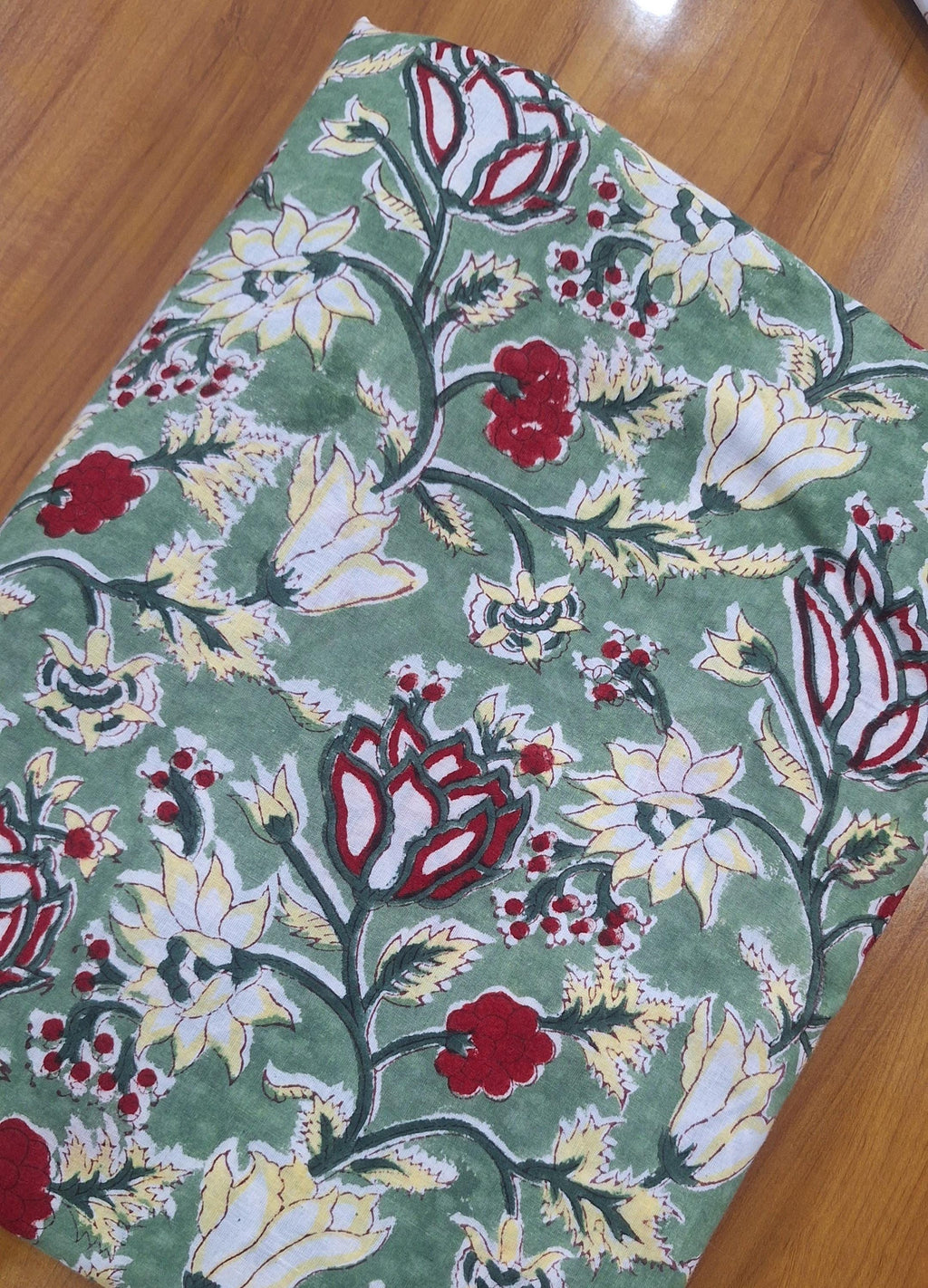 Green Floral Cotton Fabric, Hand Block Print Fabric, Indian Cotton Cloth, Soft Lightweight Fabric for Dressmaking, Quilting & DIY Crafts