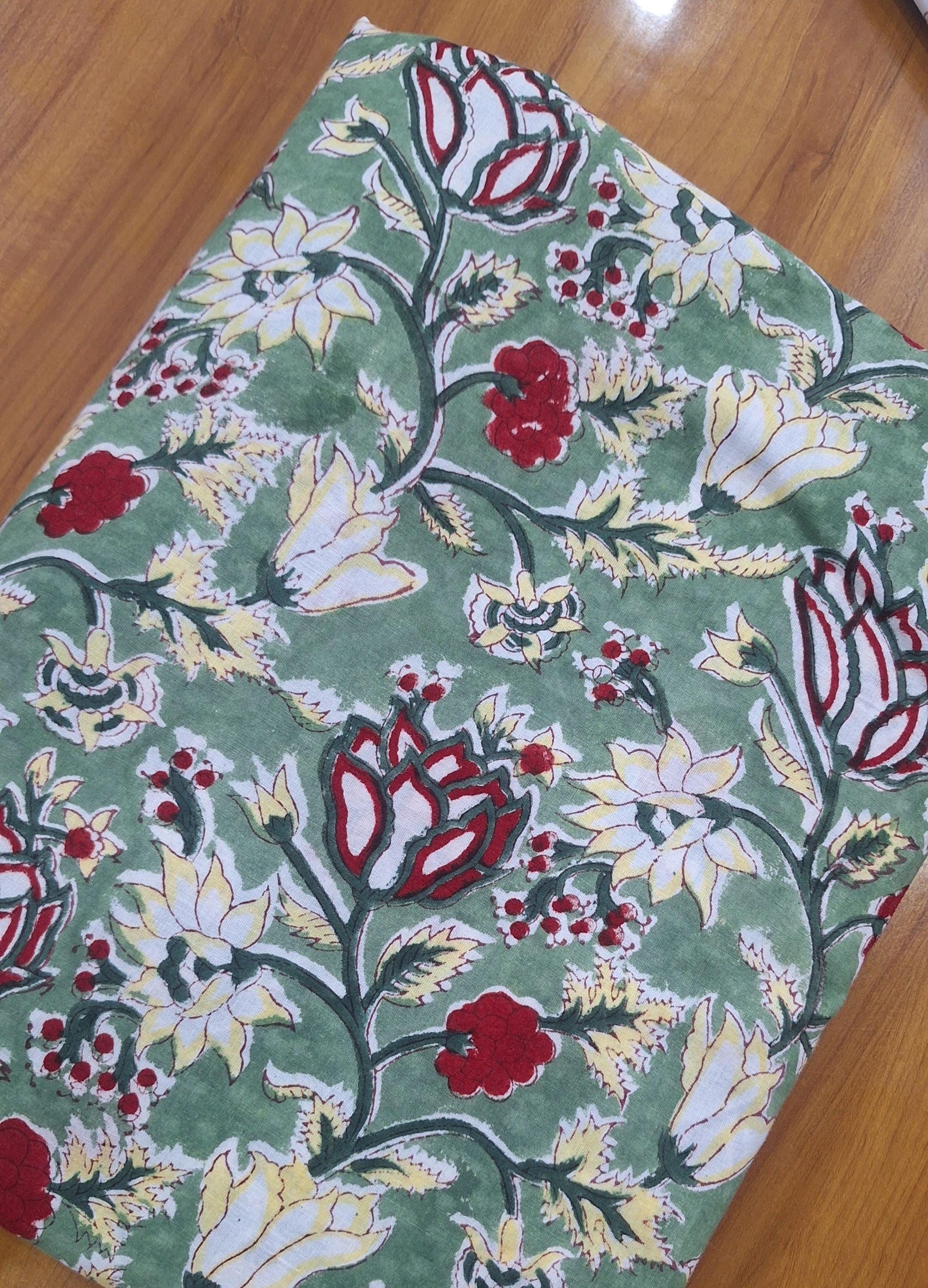 Green Floral Cotton Fabric, Hand Block Print Fabric, Indian Cotton Cloth, Soft Lightweight Fabric for Dressmaking, Quilting & DIY Crafts