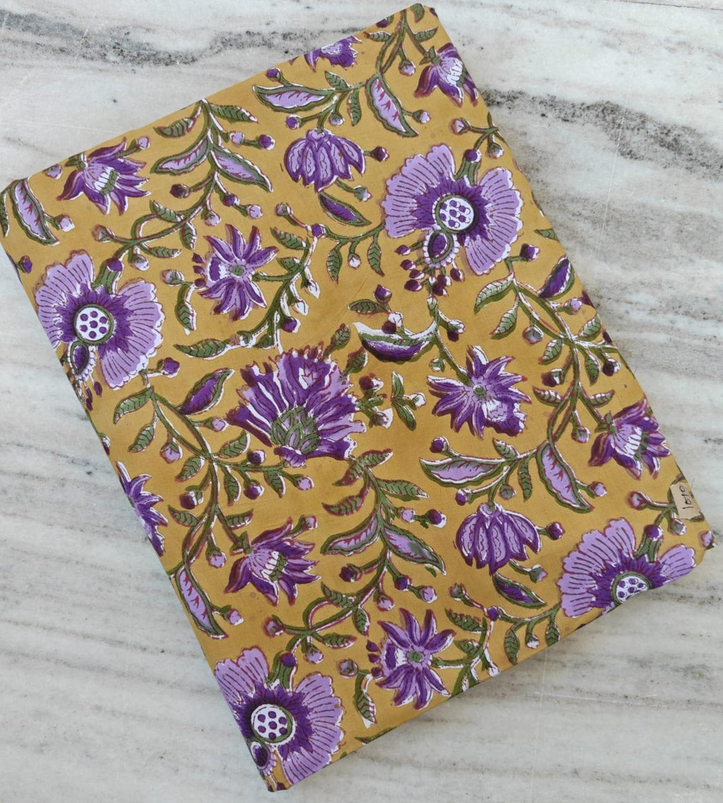 Mustard Yellow Purple Floral Cotton Fabric, Indian Block Print Fabric, Boho Flower Fabric by the Yard, Lightweight Sewing Quilting Textile