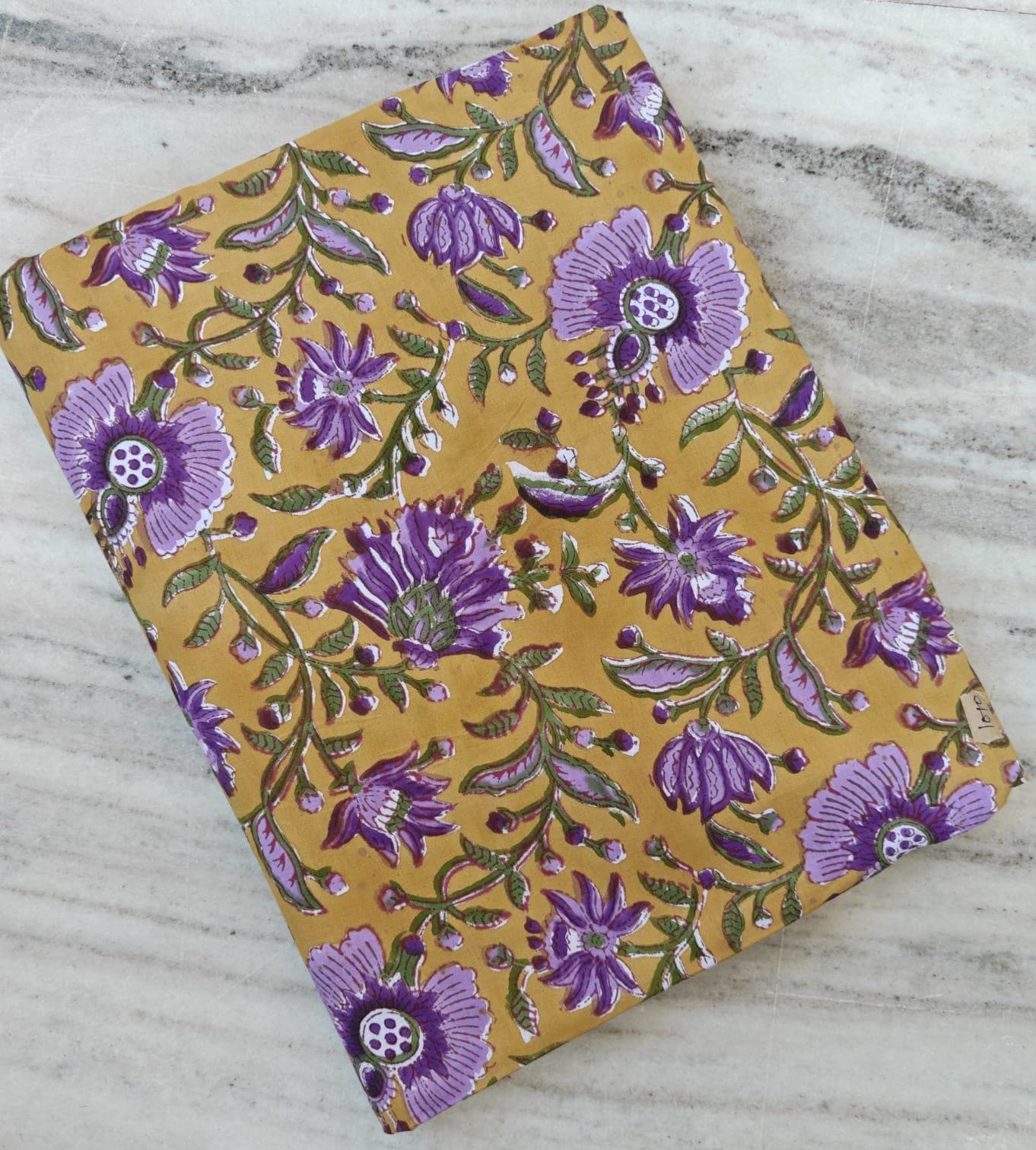 Mustard Yellow Purple Floral Cotton Fabric, Indian Block Print Fabric, Boho Flower Fabric by the Yard, Lightweight Sewing Quilting Textile
