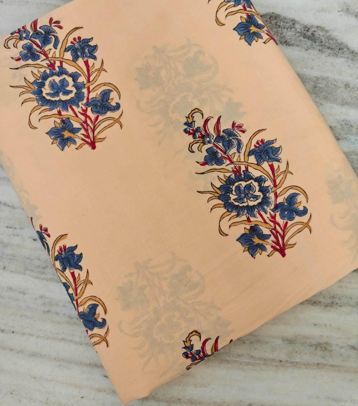 Peach and Blue Indian Hand Block Print Fabric, Floral 100% Cotton Quilting Fabric By The Yard, Fabric For Dress Making, Loose Running Fabric