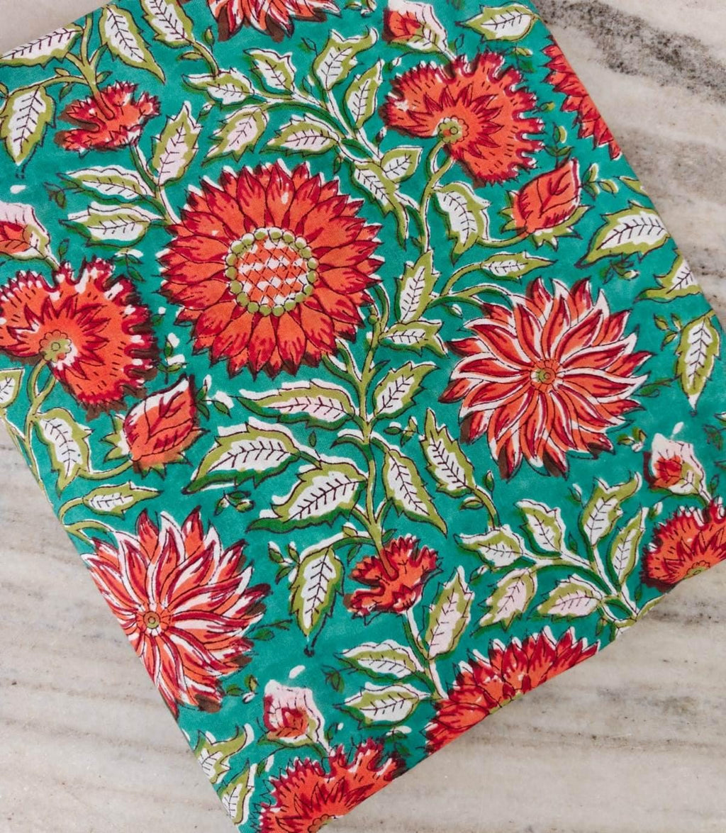 Turquoise Floral Cotton Fabric, Red Orange Flower Print Fabric, Indian Block Print Cotton, Boho Quilting Fabric, Craft Sewing Napkins Fabric