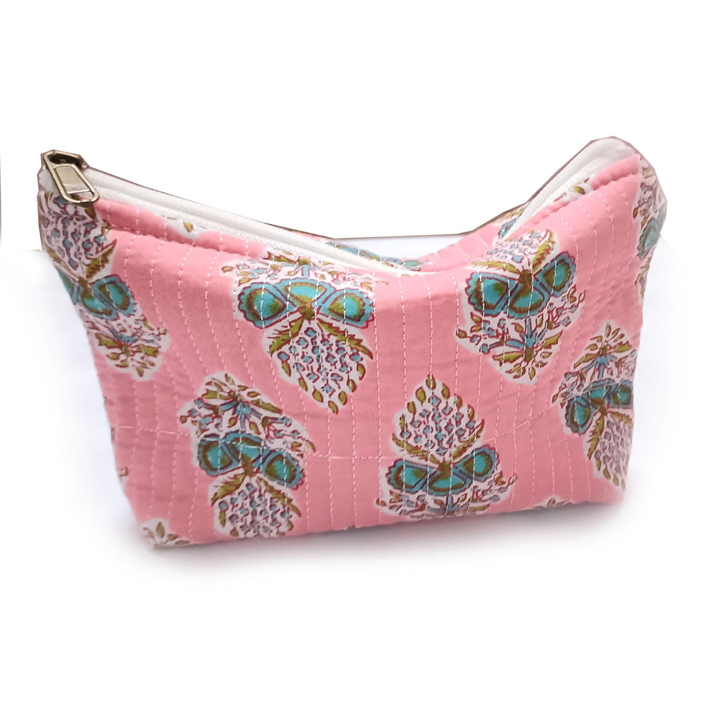 Pink Floral Quilted Pouch: Cotton Makeup Cosmetic Bag