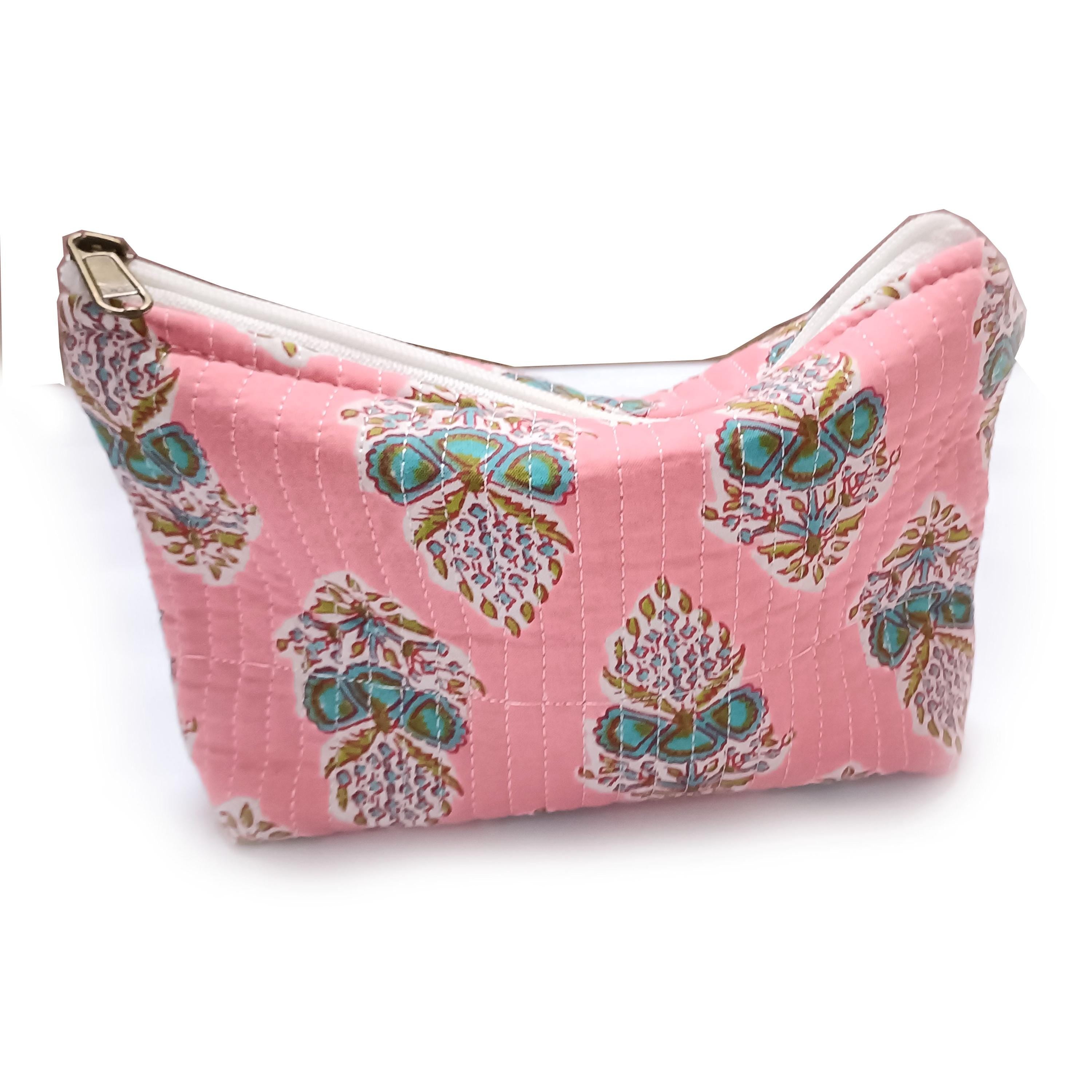 Pink Floral Quilted Pouch: Cotton Makeup Cosmetic Bag