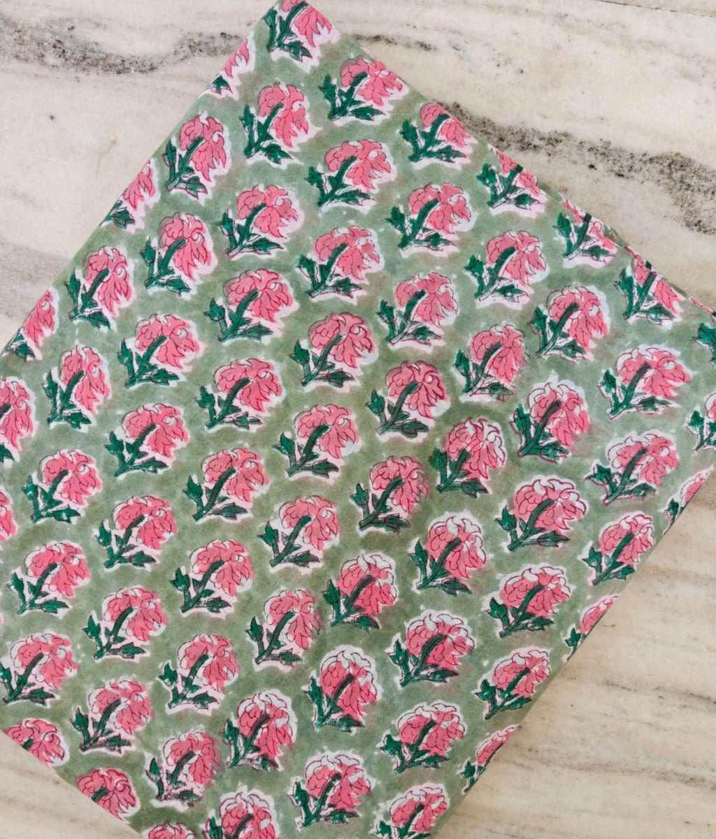 Sage Green Pink Floral Cotton Fabric by Yard, Hand Block Print Fabric, Indian Flower Cotton Material, Quilting Sewing Fabric, Boho Textile