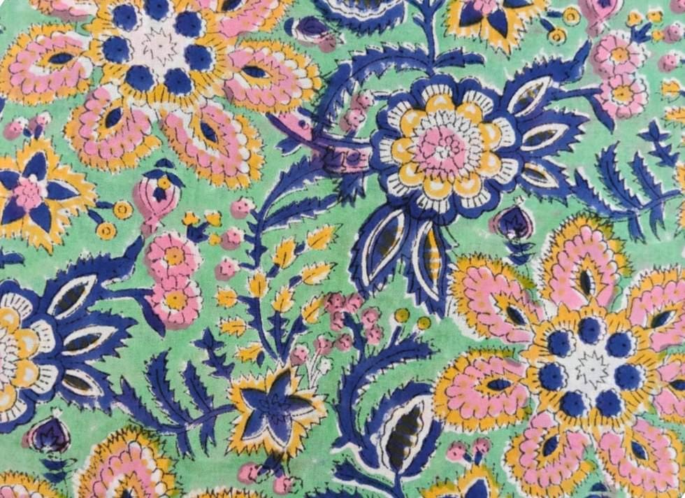Mint Green Floral Cotton Fabric by the Yard, Pink Blue & Yellow Block Print Cotton, Indian Style Boho Fabric, Dressmaking Quilting Fabric