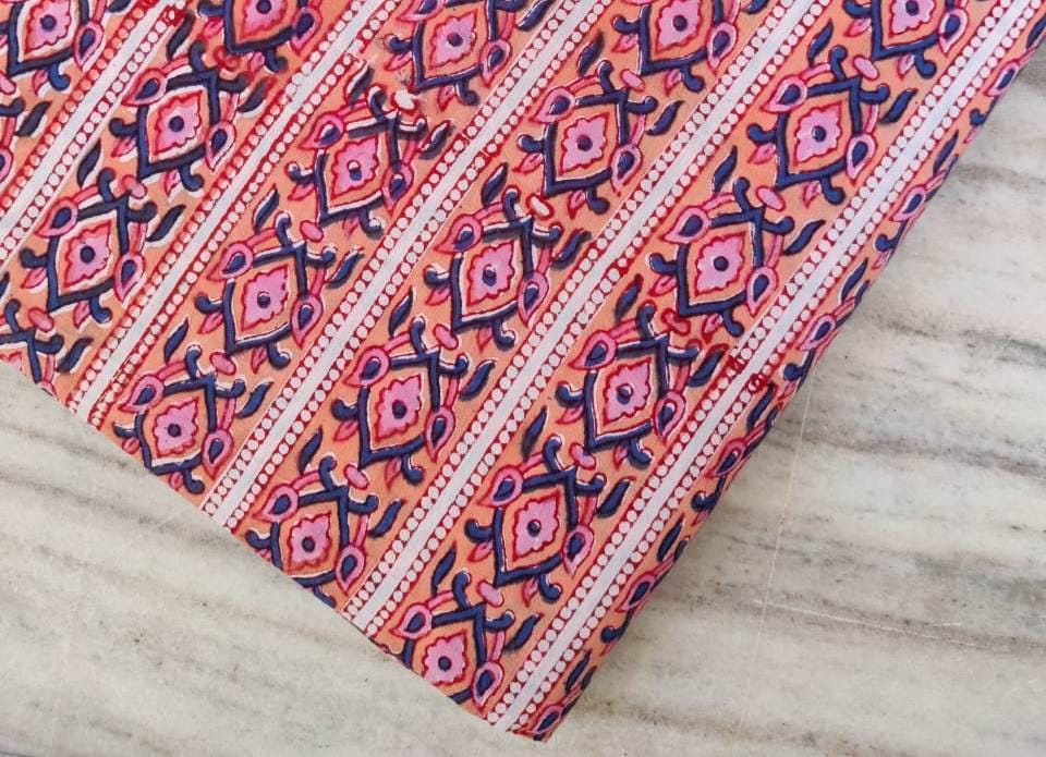 Pink Orange Striped Cotton Fabric, Hand Block Print Geometric Floral Fabric by the Yard,  Quilting, Sewing & Dressmaking, Napkins Fabric