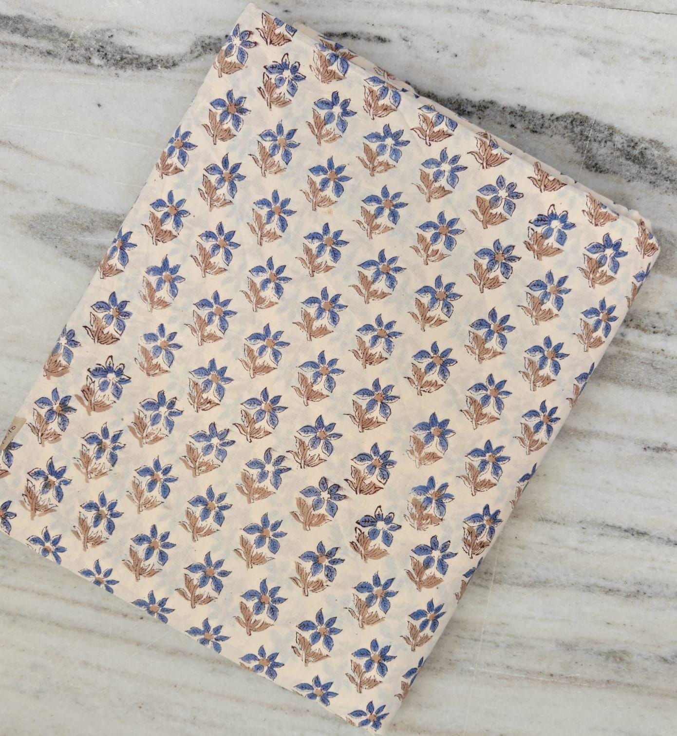 Blue Floral Cotton Fabric, Small Flower Block Print Fabric, Beige Cotton Fabric by the Yard, Vintage Floral Fabric for Sewing Dress & Crafts
