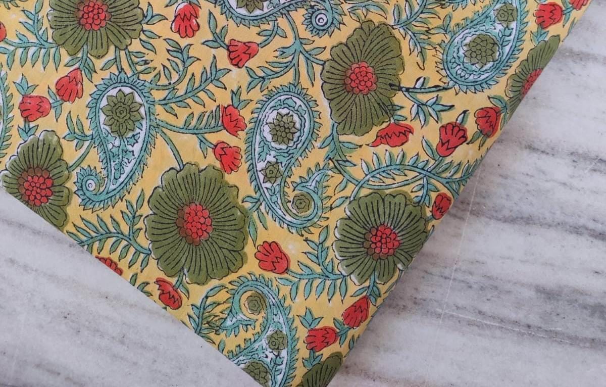 Yellow Floral Cotton Fabric by the Yard, Indian Hand Block Print Fabric, Green Paisley Block Print Fabric for Quilting, Loose Running Fabric