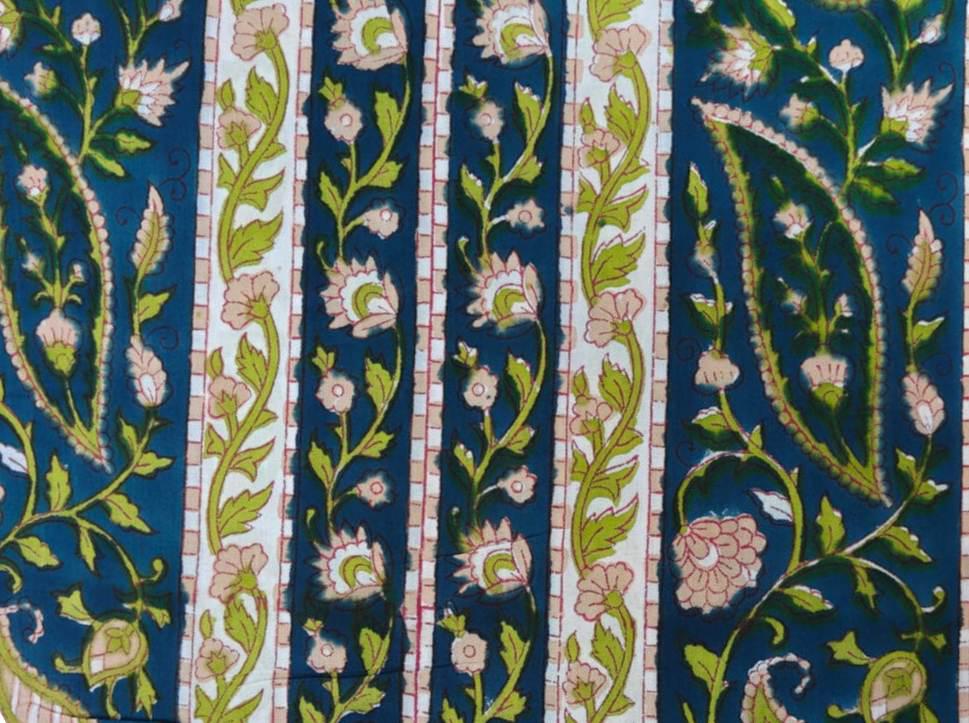 Blue Floral Stripe Cotton Fabric – Indian Block Print Paisley Fabric by the Yard – Boho Vine Pattern for Dressmaking, Quilting & Home Decor