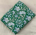 Green Floral Block Print Cotton Fabric, Blue White Hand Printed Indian Cotton, Fabric by The Yard, Soft Lightweight Sewing Quilting Fabric