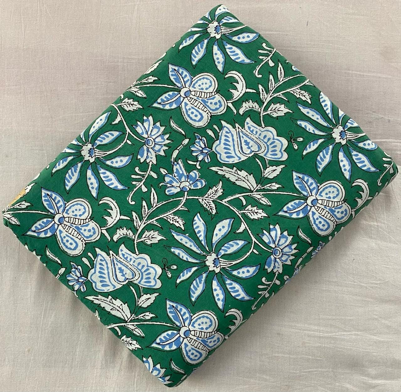 Green Floral Block Print Cotton Fabric, Blue White Hand Printed Indian Cotton, Fabric by The Yard, Soft Lightweight Sewing Quilting Fabric