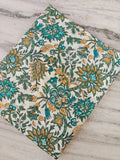 Hand Block Printed Cotton Fabric by Yard, Floral Print Fabric, Teal Green Yellow Fabric Sewing, Quilting, Dressmaking, Craft Cotton Fabric