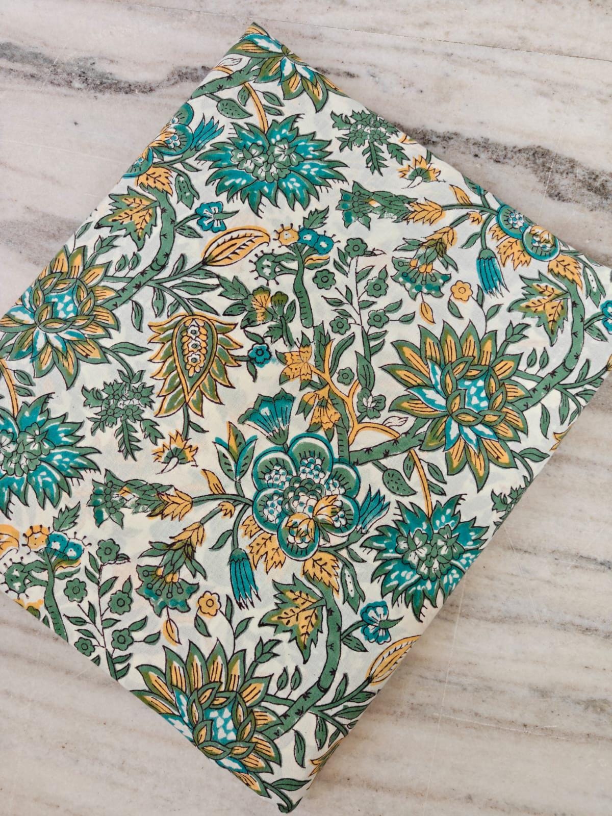 Hand Block Printed Cotton Fabric by Yard, Floral Print Fabric, Teal Green Yellow Fabric Sewing, Quilting, Dressmaking, Craft Cotton Fabric
