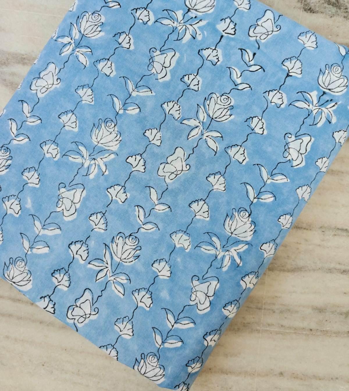 Blue Floral Cotton Fabric by the Yard, Soft Sky Blue Botanical Print, Delicate Vine Flower Fabric, Quilting Cotton, Minimal Floral Textile