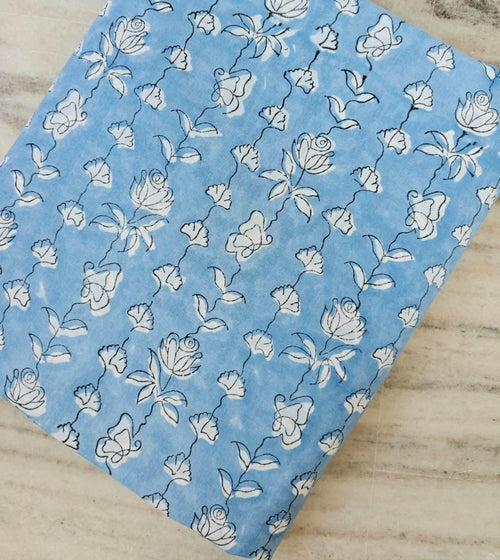 Blue Floral Cotton Fabric by the Yard, Soft Sky Blue Botanical Print, Delicate Vine Flower Fabric, Quilting Cotton, Minimal Floral Textile
