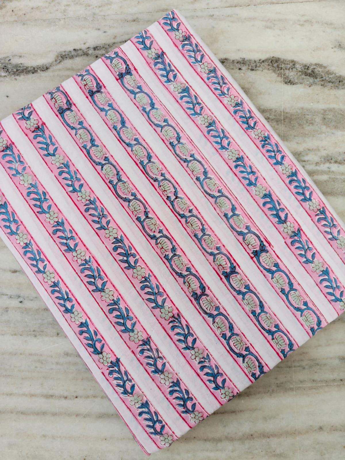 Striped Floral Cotton Fabric, Pink & Blue Hand Block Print Cotton Fabric, Soft Indian Cotton for Quilting, Sewing Fabric, Textile Fabric
