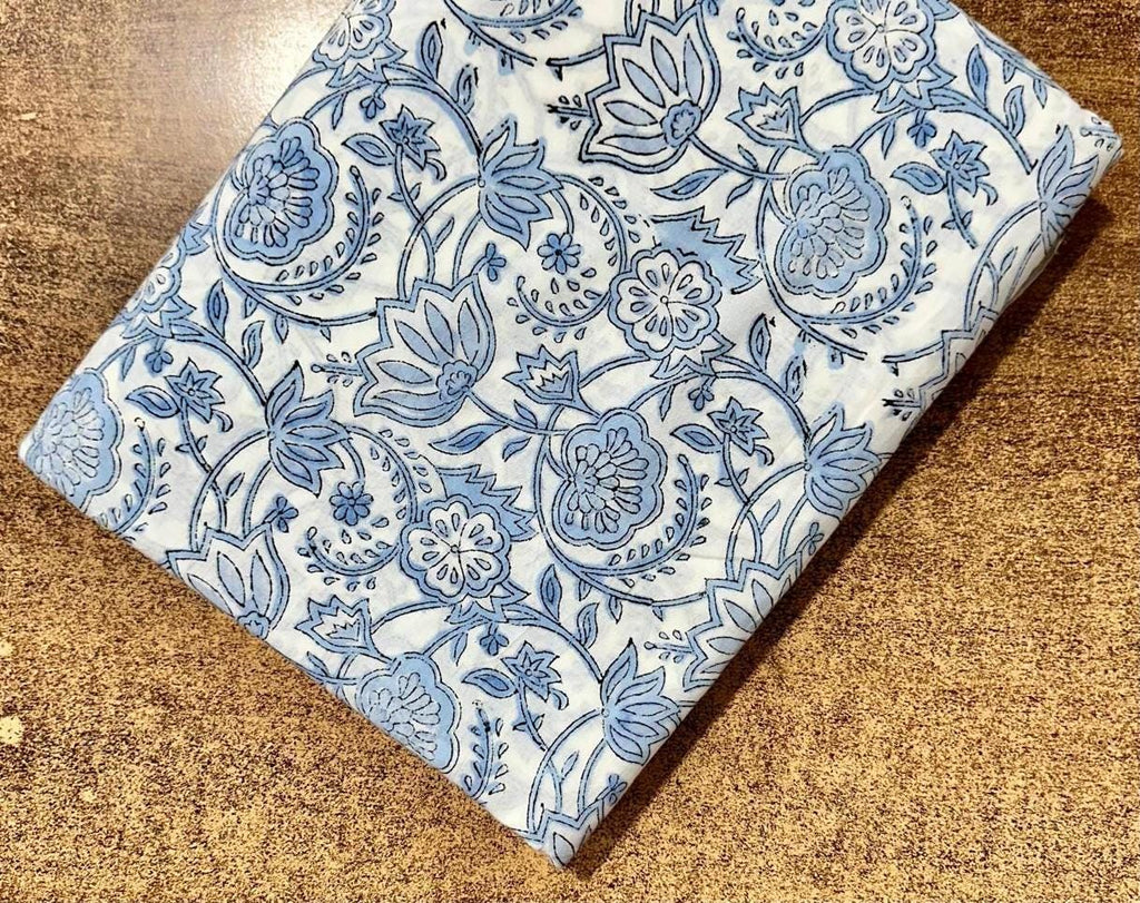 Blue Floral Hand Block Print Cotton Fabric, Indian Cotton Fabric, Floral Printed Cotton Cloth for Sewing, Quilting, Fabri For Dress Making