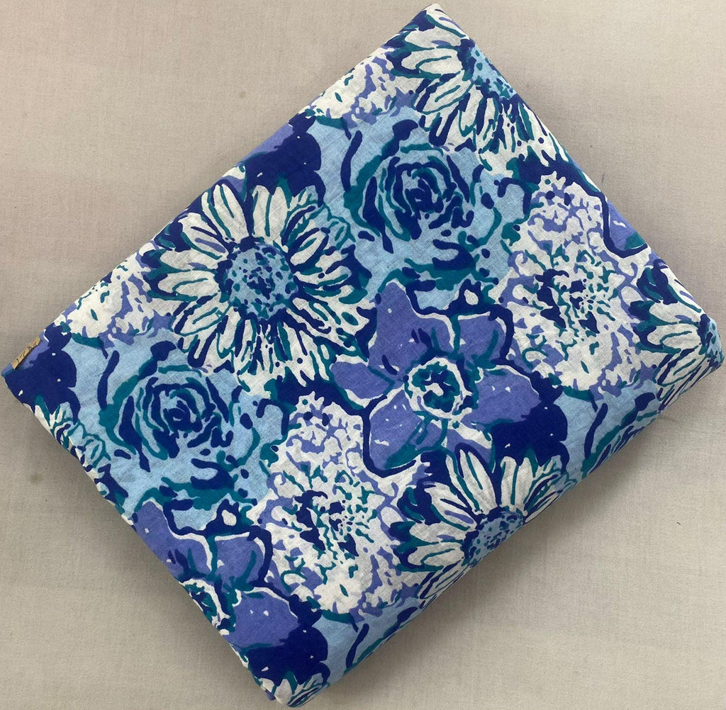 Blue Floral Cotton Fabric, Vintage Flower Print Fabric, Indian Cotton Fabric, Block Print Style Fabric Craft Fabric, Dress Upholstery Fabric