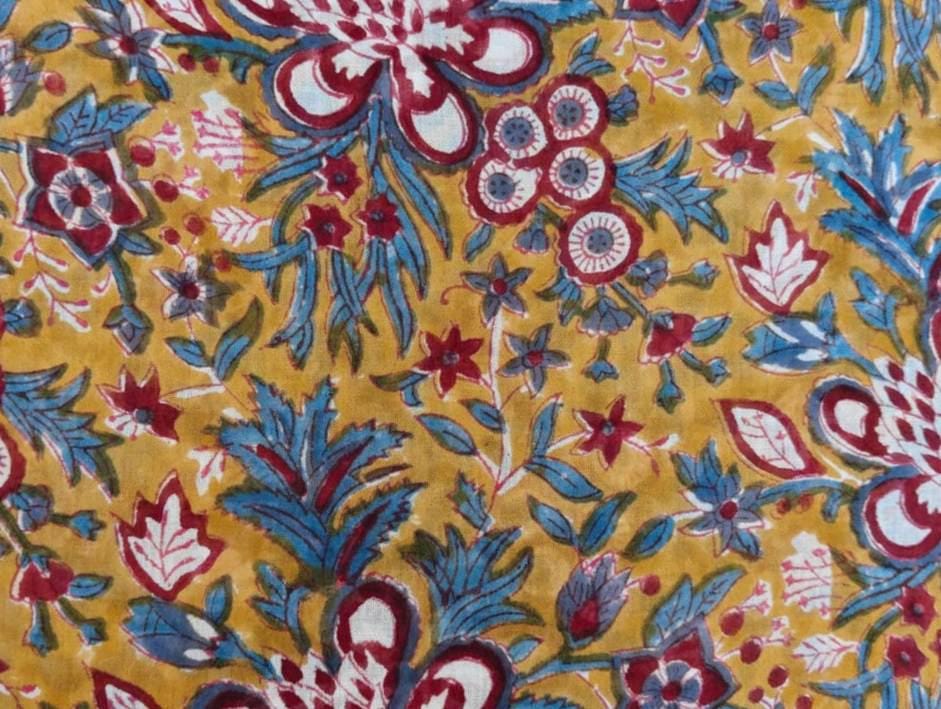 Mustard Floral Cotton Fabric by the Yard, Indian Block Print Fabric, Teal and Maroon Flower Print, Boho Craft Sewing, Loose Running Fabric